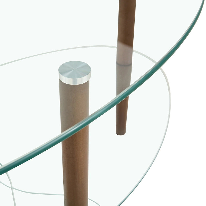 Table Basse Ovale en Verre Noir/Transparent avec Pieds en Bois de Chêne, 2 Étages, 89×51×46 cm