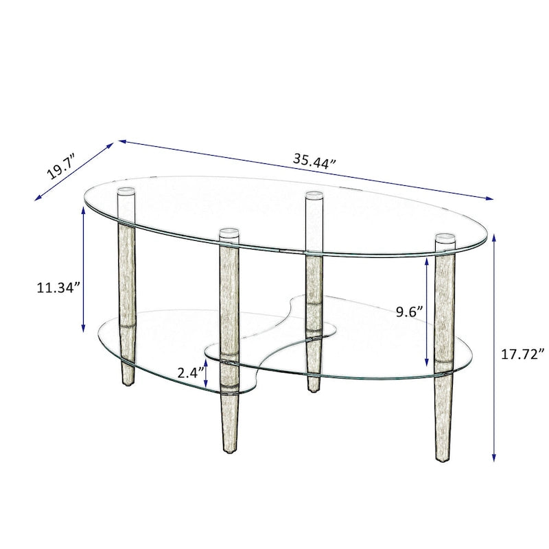 Table Basse Ovale en Verre Noir/Transparent avec Pieds en Bois de Chêne, 2 Étages, 89×51×46 cm