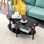 Table Basse Ovale en Verre Noir/Transparent avec Pieds en Bois de Chêne, 2 Étages, 89×51×46 cm