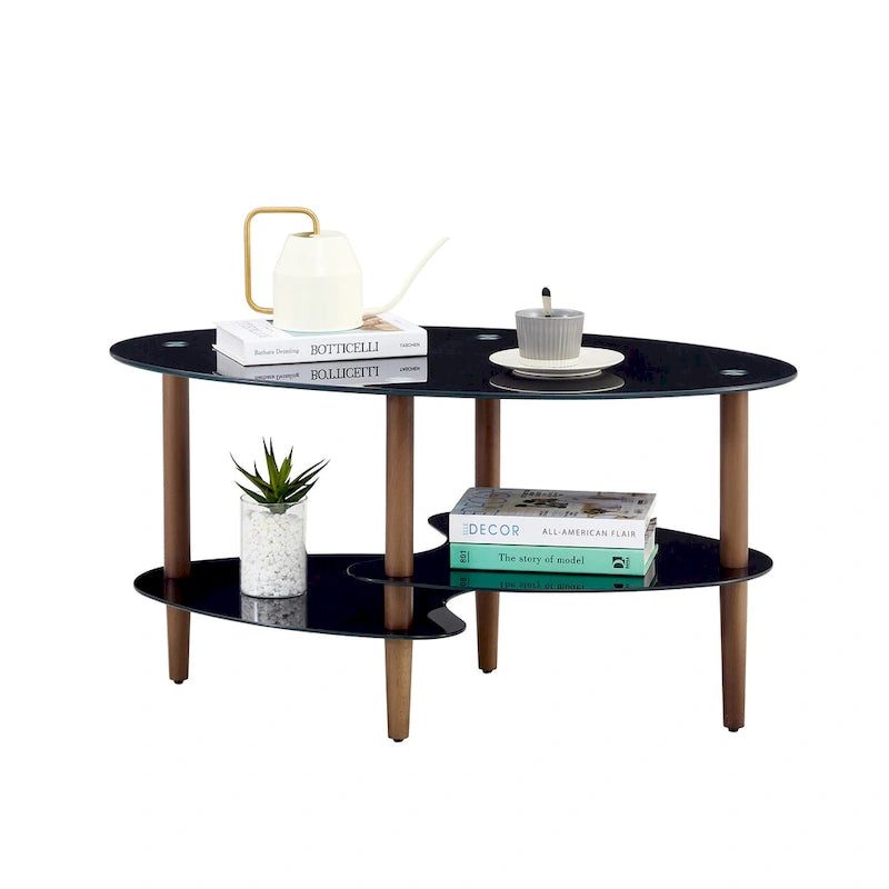 Table Basse Ovale en Verre Noir/Transparent avec Pieds en Bois de Chêne, 2 Étages, 89×51×46 cm