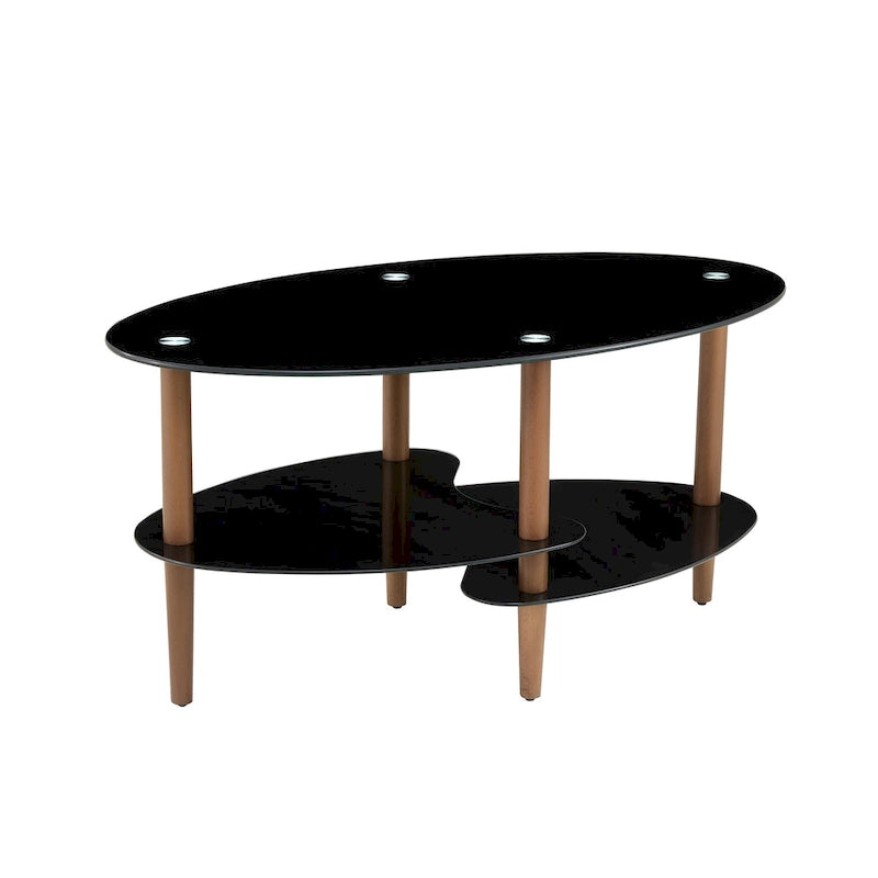 Table Basse Ovale en Verre Noir/Transparent avec Pieds en Bois de Chêne, 2 Étages, 89×51×46 cm