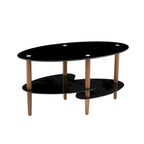 Table Basse Ovale en Verre Noir/Transparent avec Pieds en Bois de Chêne, 2 Étages, 89×51×46 cm
