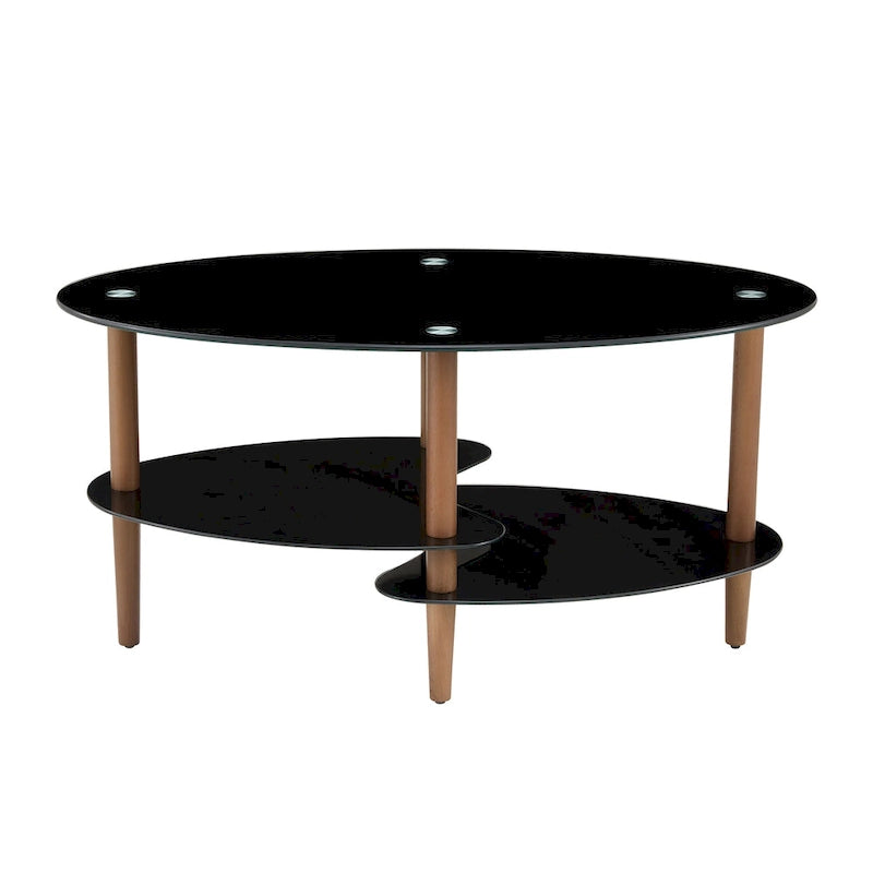 Table Basse Ovale en Verre Noir/Transparent avec Pieds en Bois de Chêne, 2 Étages, 89×51×46 cm