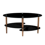 Table Basse Ovale en Verre Noir/Transparent avec Pieds en Bois de Chêne, 2 Étages, 89×51×46 cm