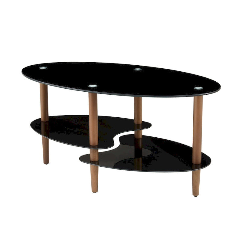 Table Basse Ovale en Verre Noir/Transparent avec Pieds en Bois de Chêne, 2 Étages, 89×51×46 cm