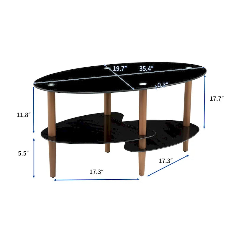 Table Basse Ovale en Verre Noir/Transparent avec Pieds en Bois de Chêne, 2 Étages, 89×51×46 cm