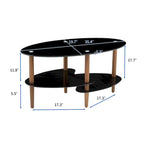 Table Basse Ovale en Verre Noir/Transparent avec Pieds en Bois de Chêne, 2 Étages, 89×51×46 cm