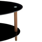 Table Basse Ovale en Verre Noir/Transparent avec Pieds en Bois de Chêne, 2 Étages, 89×51×46 cm