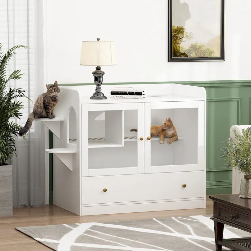 Meuble cache-litière pour chat avec placard de rangement, Chêne/Blanc, 1 chat