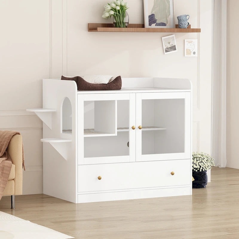 Meuble cache-litière pour chat avec placard de rangement, Chêne/Blanc, 1 chat