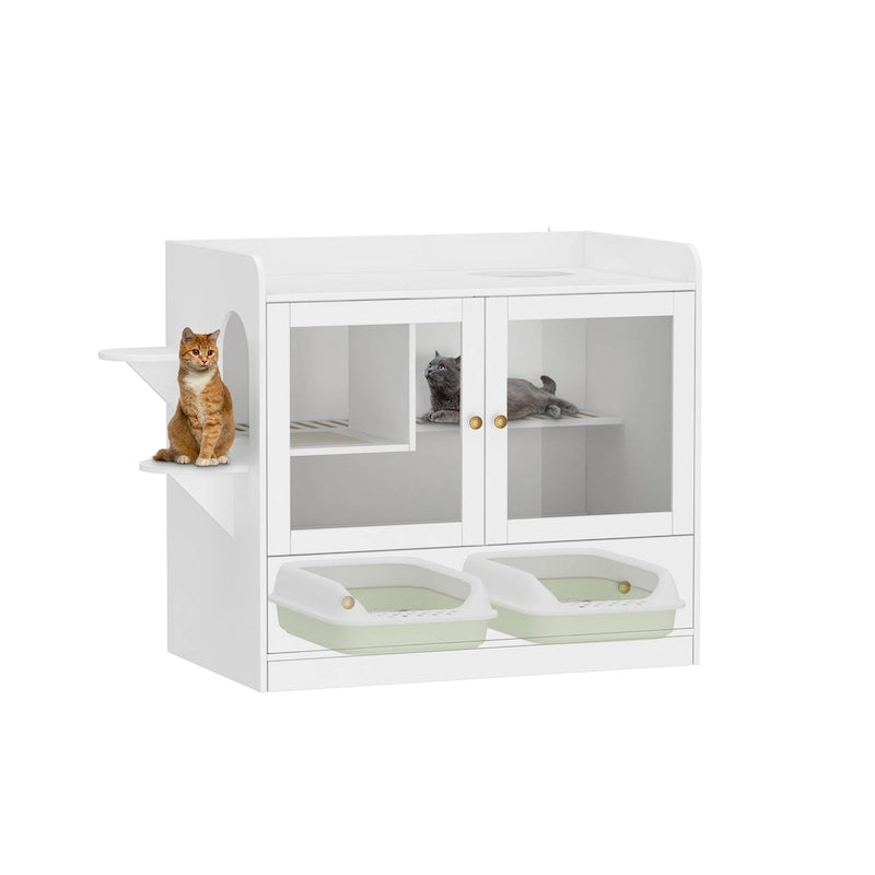 Meuble cache-litière pour chat avec placard de rangement, Chêne/Blanc, 1 chat
