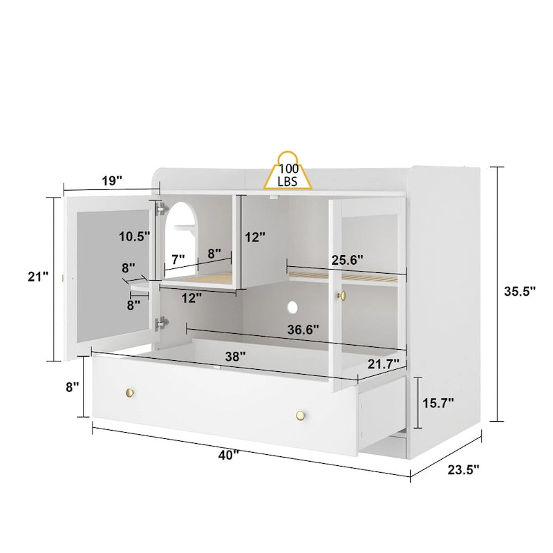 Meuble cache-litière pour chat avec placard de rangement, Chêne/Blanc, 1 chat
