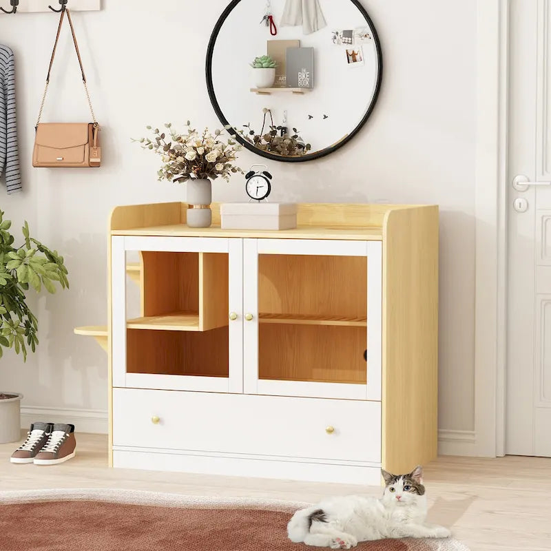 Meuble cache-litière pour chat avec placard de rangement, Chêne/Blanc, 1 chat