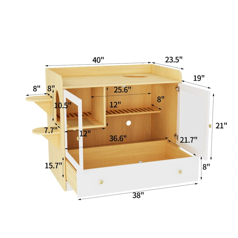 Meuble cache-litière pour chat avec placard de rangement, Chêne/Blanc, 1 chat