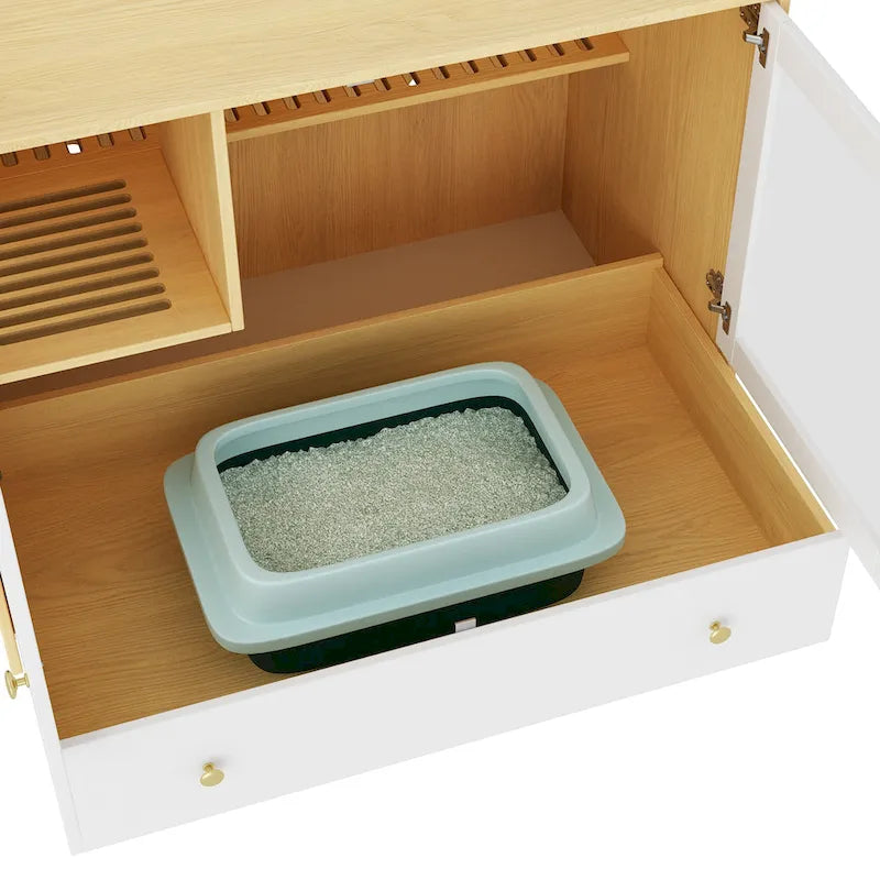 Meuble cache-litière pour chat avec placard de rangement, Chêne/Blanc, 1 chat
