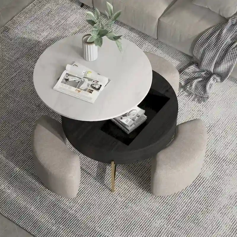 Table basse ronde relevable Blanc / Noir et blanc avec 3 poufs, 2 places