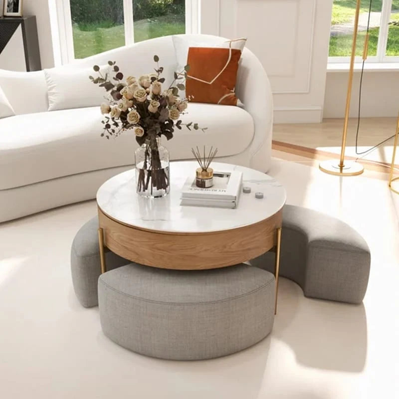 Table basse ronde relevable Blanc / Noir et blanc avec 3 poufs, 2 places
