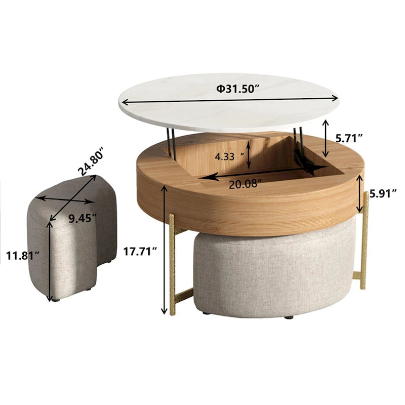 Table basse ronde relevable Blanc / Noir et blanc avec 3 poufs, 2 places
