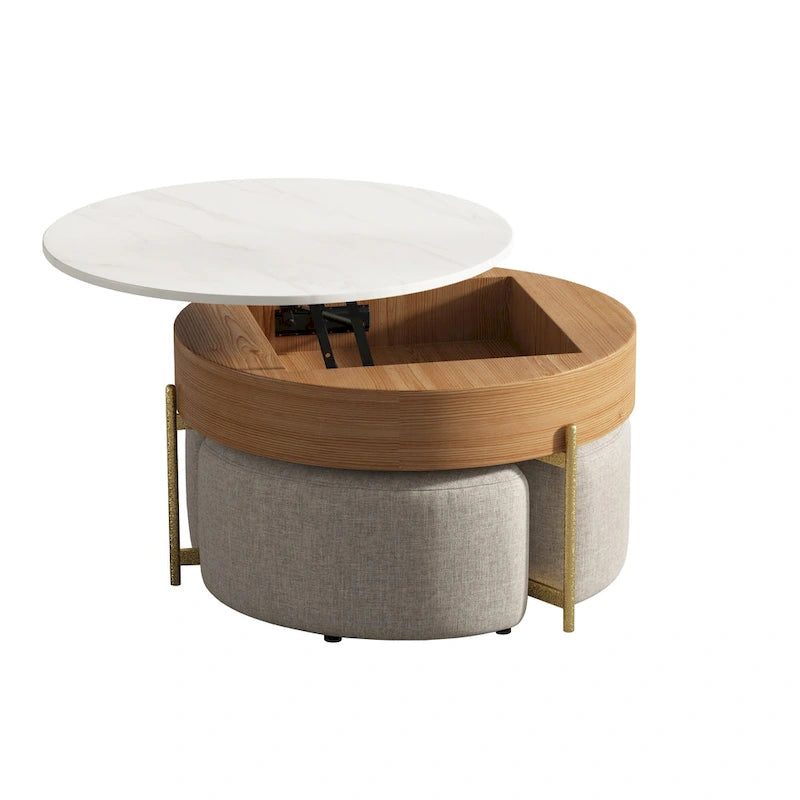 Table basse ronde relevable Blanc / Noir et blanc avec 3 poufs, 2 places
