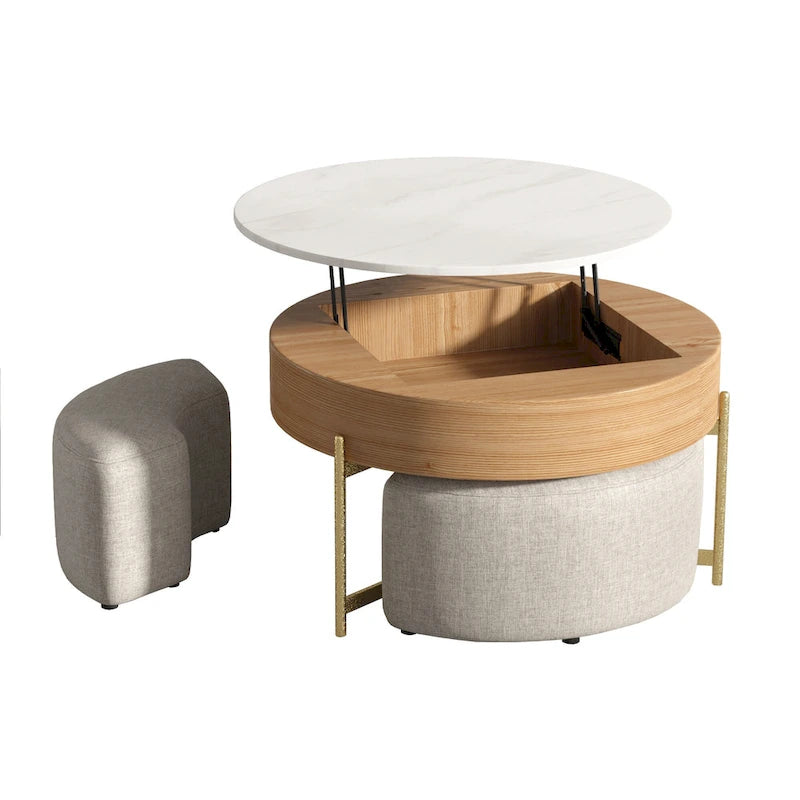 Table basse ronde relevable Blanc / Noir et blanc avec 3 poufs, 2 places