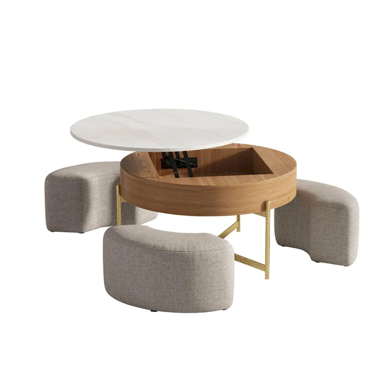 Table basse ronde relevable Blanc / Noir et blanc avec 3 poufs, 2 places
