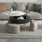 Table basse ronde relevable Blanc / Noir et blanc avec 3 poufs, 2 places