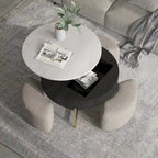 Table basse ronde relevable Blanc / Noir et blanc avec 3 poufs, 2 places