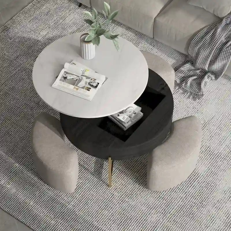 Table basse ronde relevable Blanc / Noir et blanc avec 3 poufs, 2 places