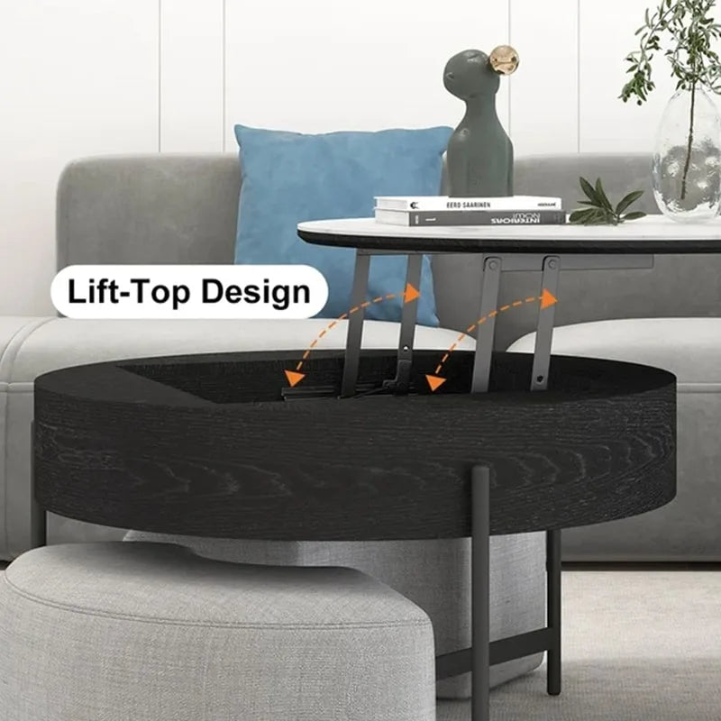 Table basse ronde relevable Blanc / Noir et blanc avec 3 poufs, 2 places