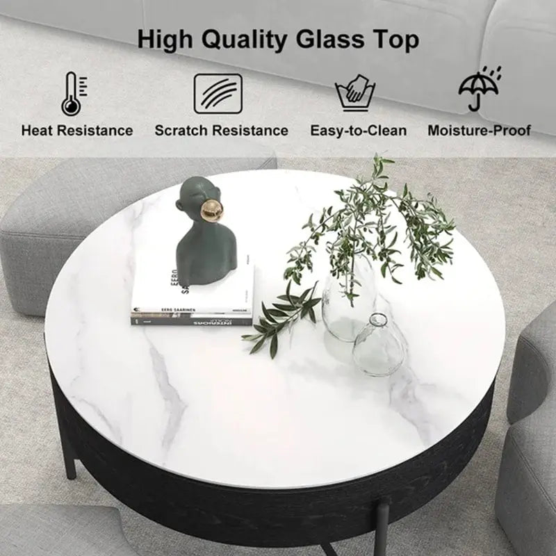 Table basse ronde relevable Blanc / Noir et blanc avec 3 poufs, 2 places