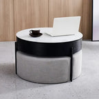 Table basse ronde relevable Blanc / Noir et blanc avec 3 poufs, 2 places