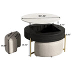 Table basse ronde relevable Blanc / Noir et blanc avec 3 poufs, 2 places