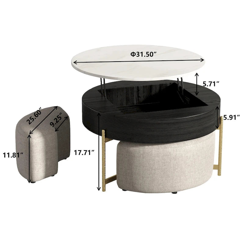Table basse ronde relevable Blanc / Noir et blanc avec 3 poufs, 2 places