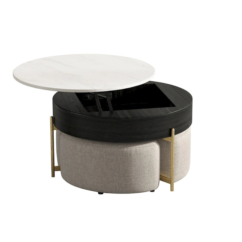 Table basse ronde relevable Blanc / Noir et blanc avec 3 poufs, 2 places