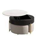 Table basse ronde relevable Blanc / Noir et blanc avec 3 poufs, 2 places