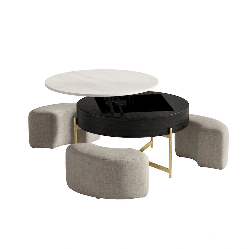 Table basse ronde relevable Blanc / Noir et blanc avec 3 poufs, 2 places