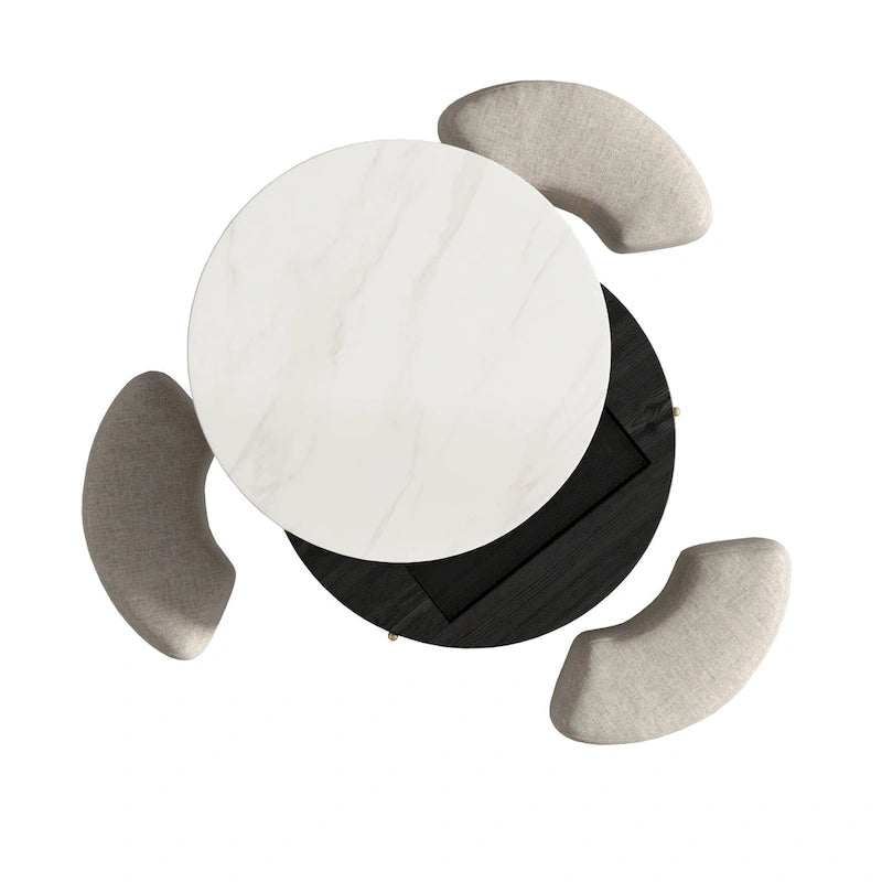 Table basse ronde relevable Blanc / Noir et blanc avec 3 poufs, 2 places
