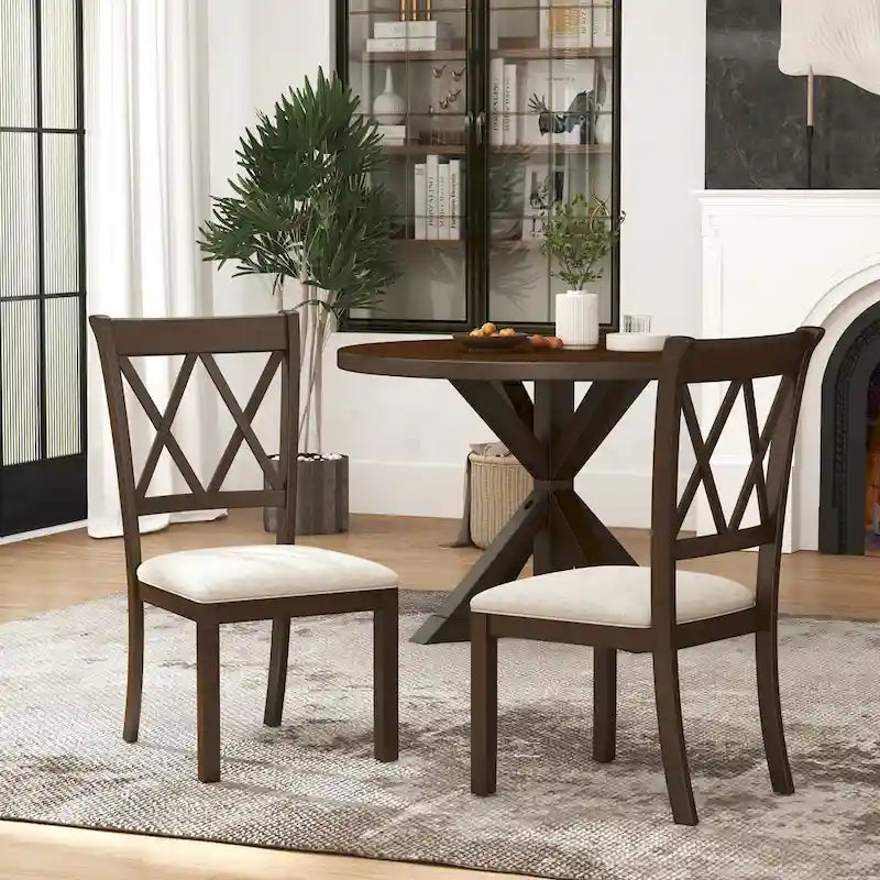 Chaises de salle à manger capitonnées avec dossier croisé en aspect lin, lot de 2 – Chêne / Noir