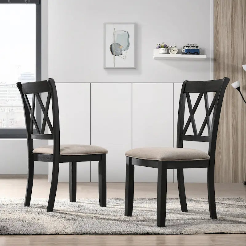 Chaises de salle à manger capitonnées avec dossier croisé en aspect lin, lot de 2 – Chêne / Noir