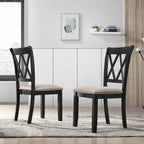 Chaises de salle à manger capitonnées avec dossier croisé en aspect lin, lot de 2 – Chêne / Noir