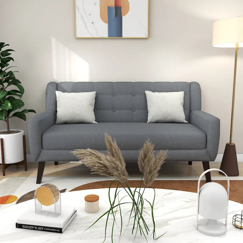 Causeuse capitonnée en lin gris / beige / jaune – 2 places