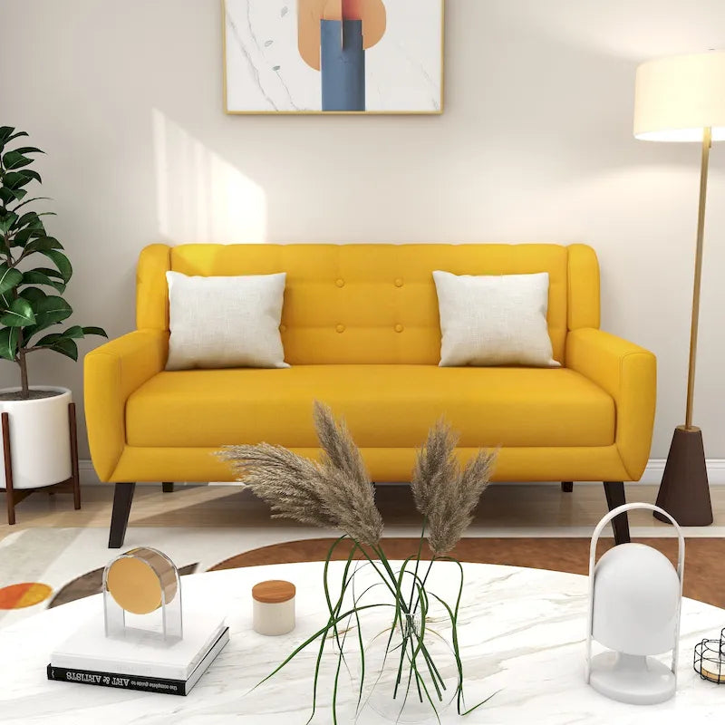 Causeuse capitonnée en lin gris / beige / jaune – 2 places