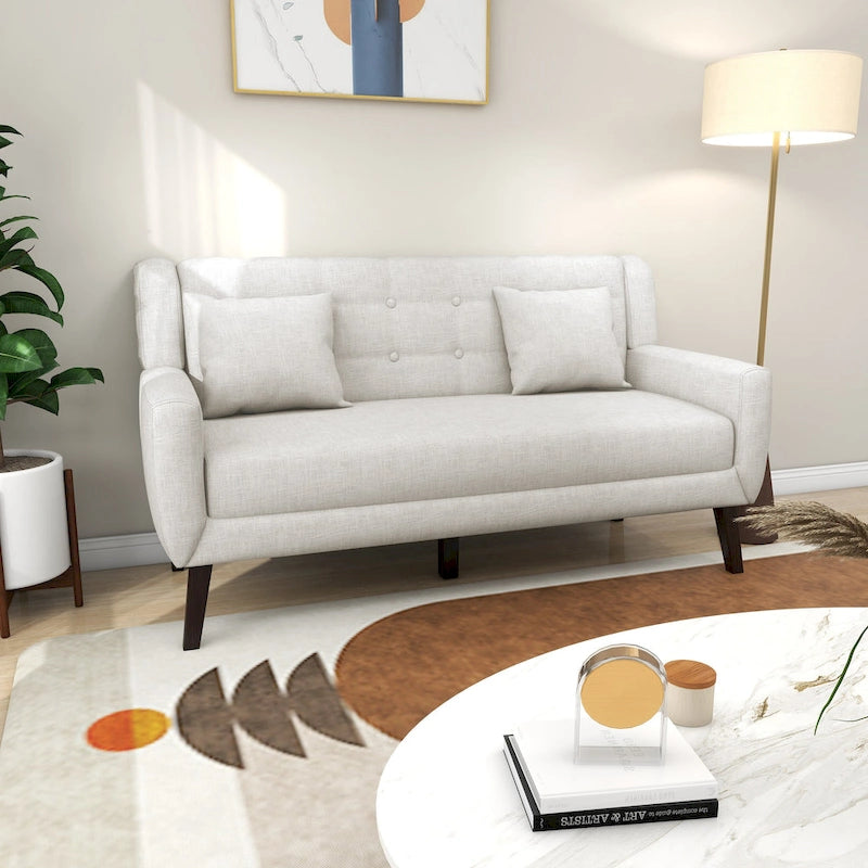 Causeuse capitonnée en lin gris / beige / jaune – 2 places
