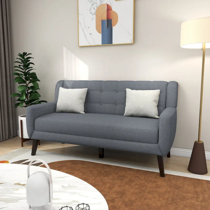 Causeuse capitonnée en lin gris / beige / jaune – 2 places