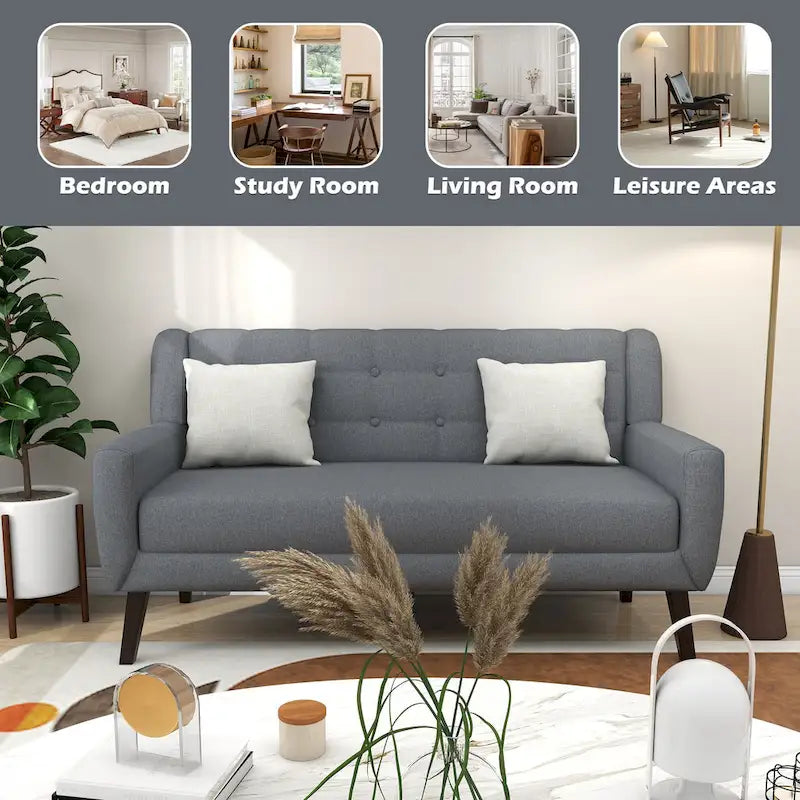 Causeuse capitonnée en lin gris / beige / jaune – 2 places