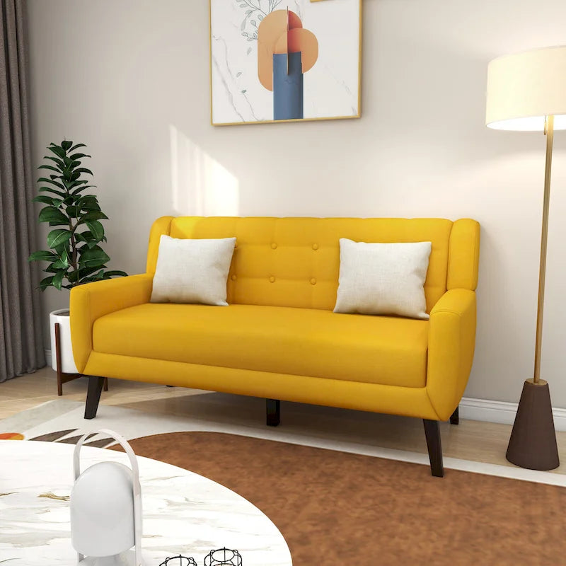 Causeuse capitonnée en lin gris / beige / jaune – 2 places