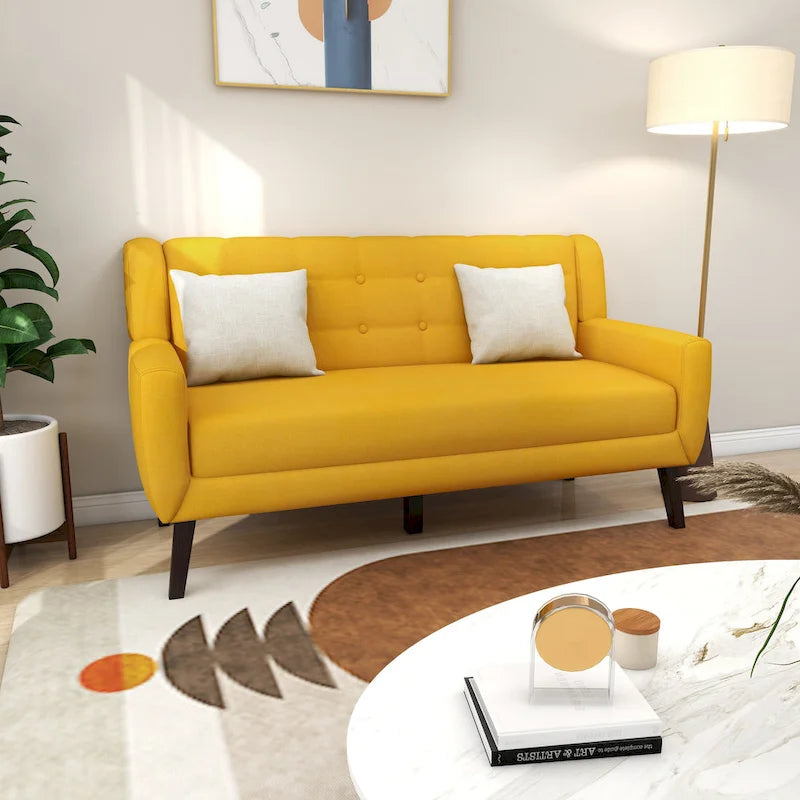 Causeuse capitonnée en lin gris / beige / jaune – 2 places
