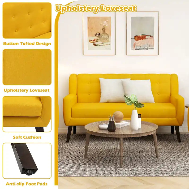 Causeuse capitonnée en lin gris / beige / jaune – 2 places