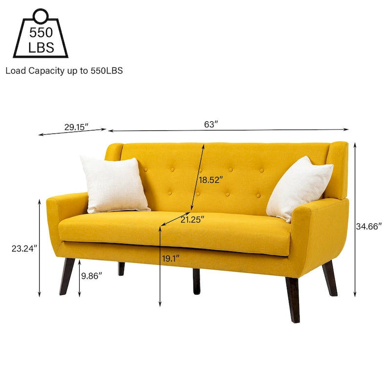 Causeuse capitonnée en lin gris / beige / jaune – 2 places