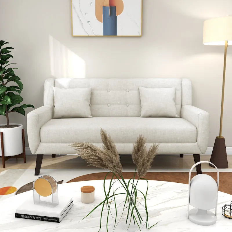 Causeuse capitonnée en lin gris / beige / jaune – 2 places